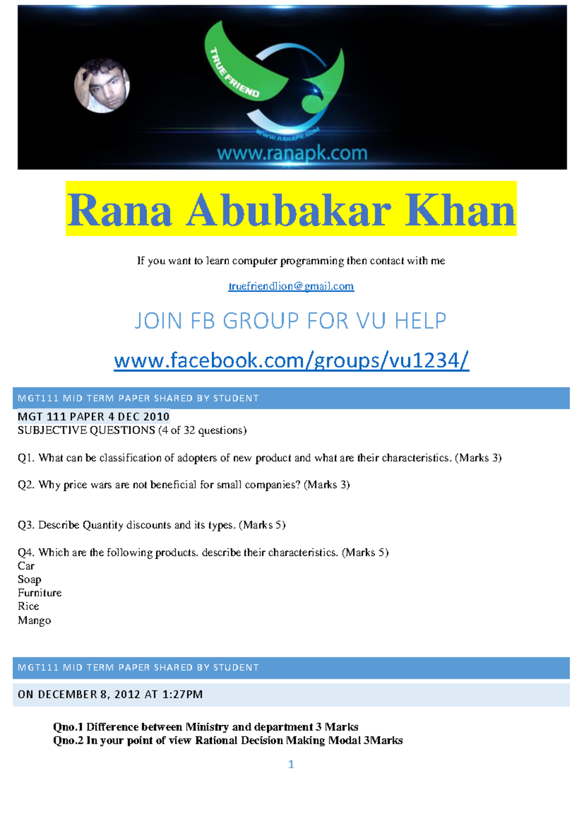 MGT111-Mid Term-By Rana Abubakar Khan - Rana Abubakar Khan If you want ...