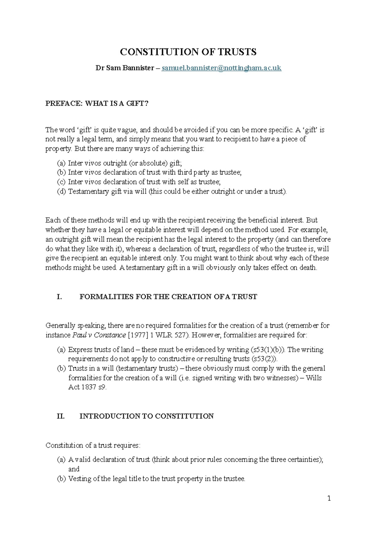 Constitution of Trusts - Lecture Handout 2425: Key Concepts & Cases ...