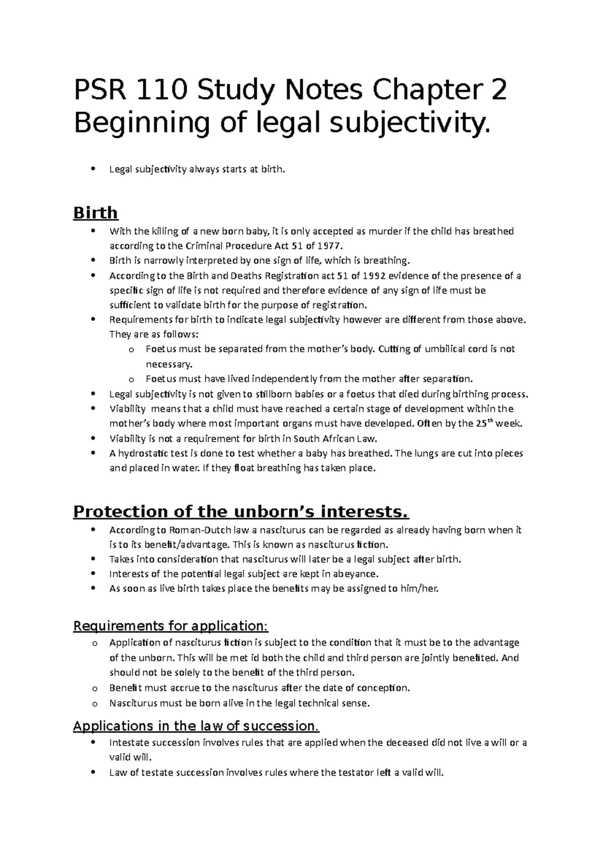 PSR 110 Study Notes: Legal Subjectivity and Birth Insights - Studocu