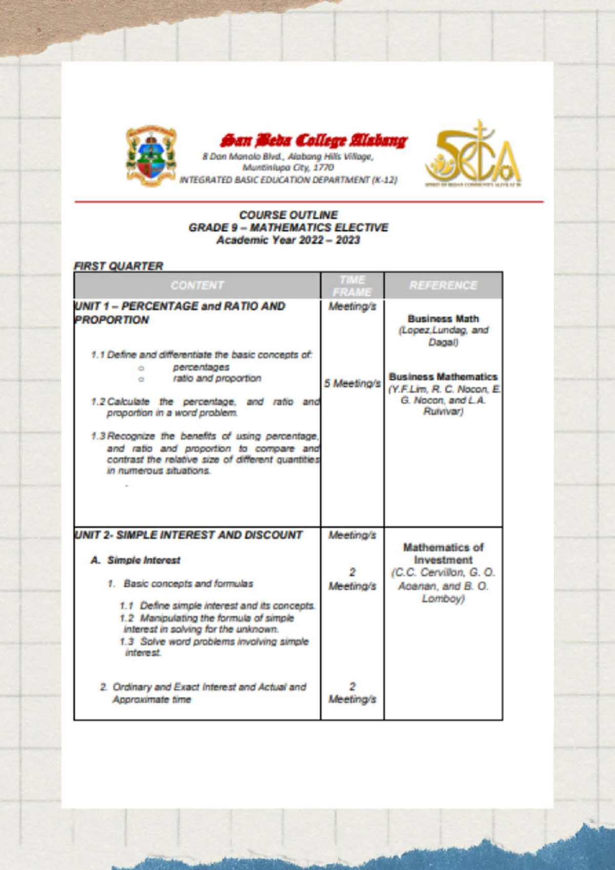 Business Math 5CA: Grade 9 Mathematics Course Outline and Content - Studocu