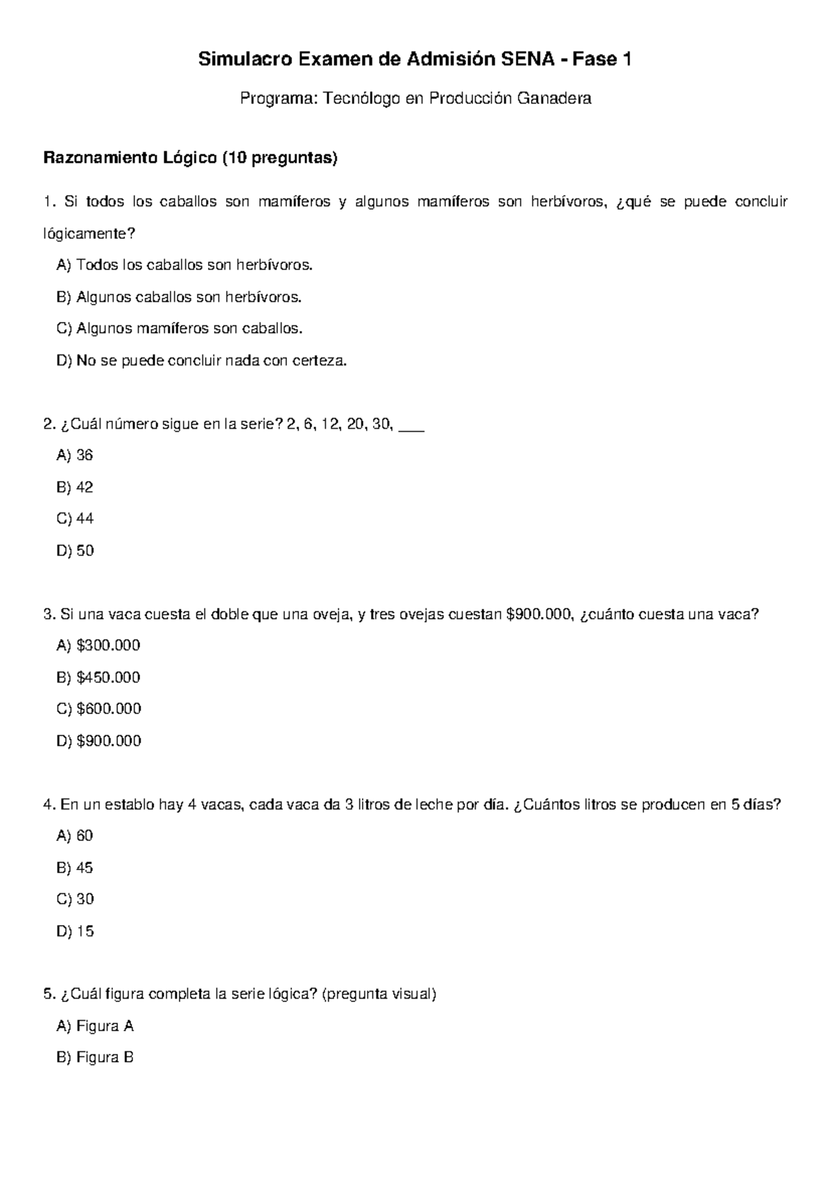 Simulacro Examen de Admisión SENA Fase 1: Razonamiento Lógico - Document Preview