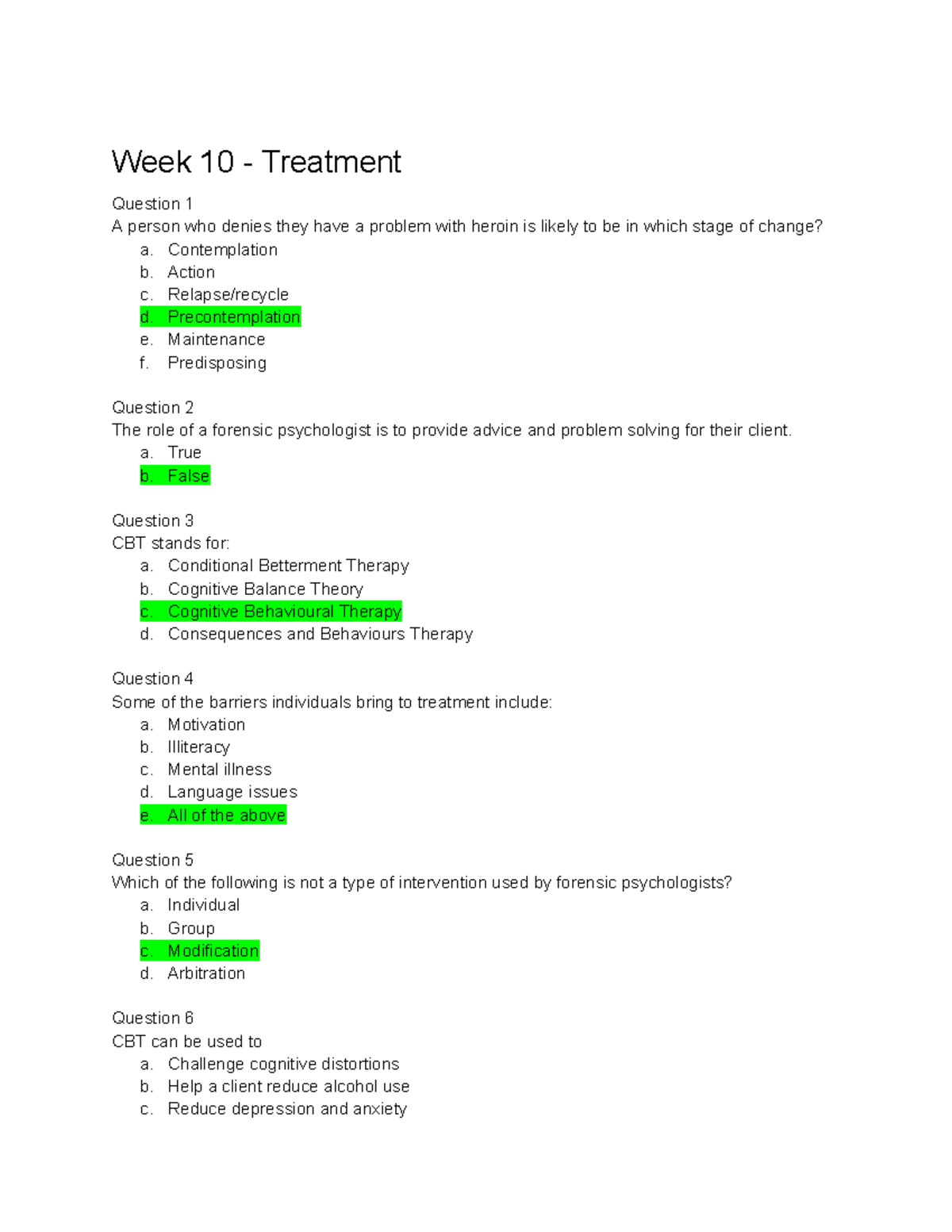 PSYC1027 Week 10 Revision Quiz Answers on Treatment Stages and CBT ...