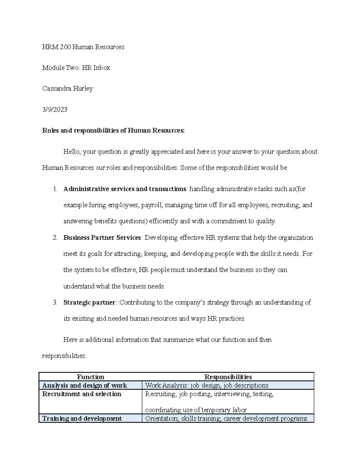 HRM 200 Assignment: Understanding HR Roles & Responsibilities - Studocu
