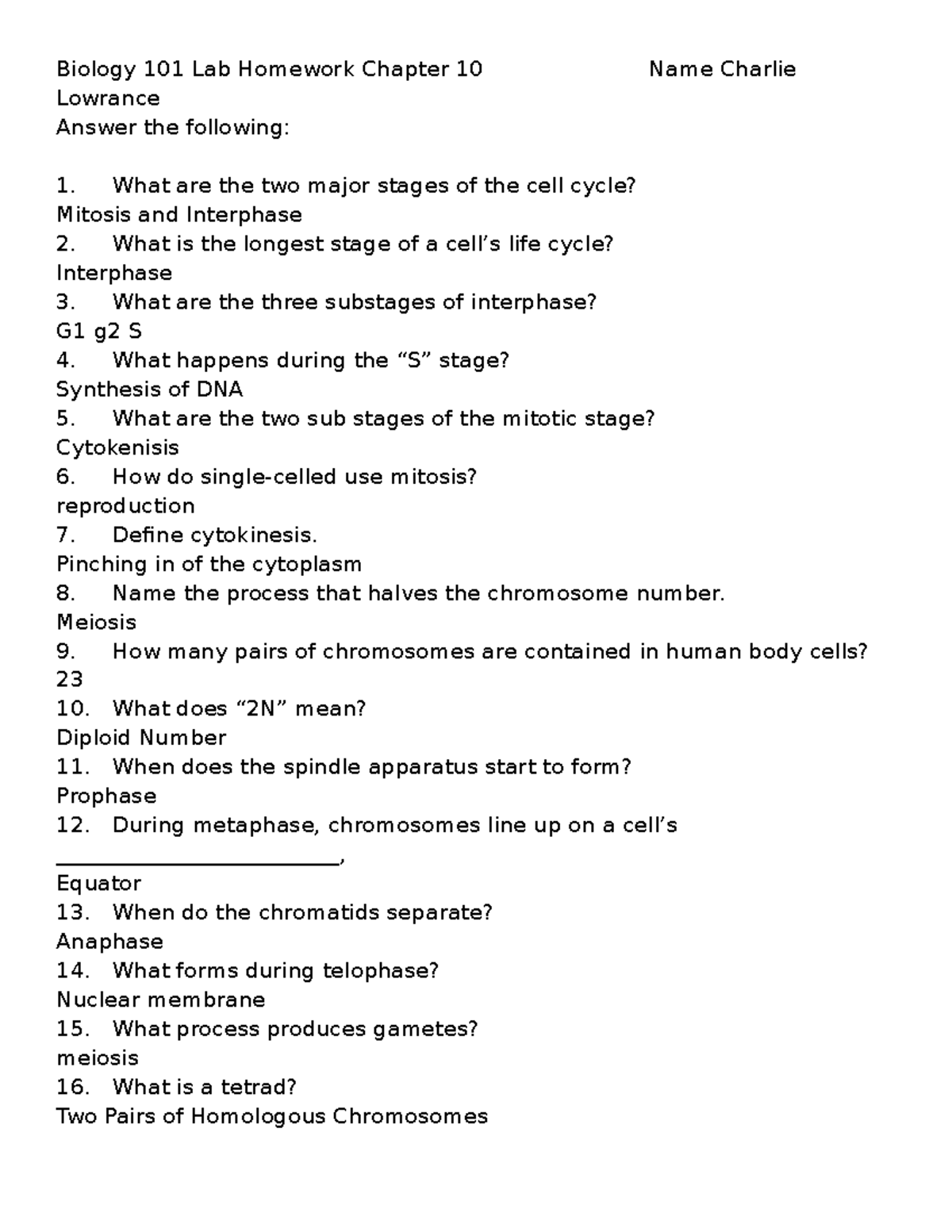 Biology 101 Lab Homework Chapter 10 Name - Biology 101 Lab Homework ...