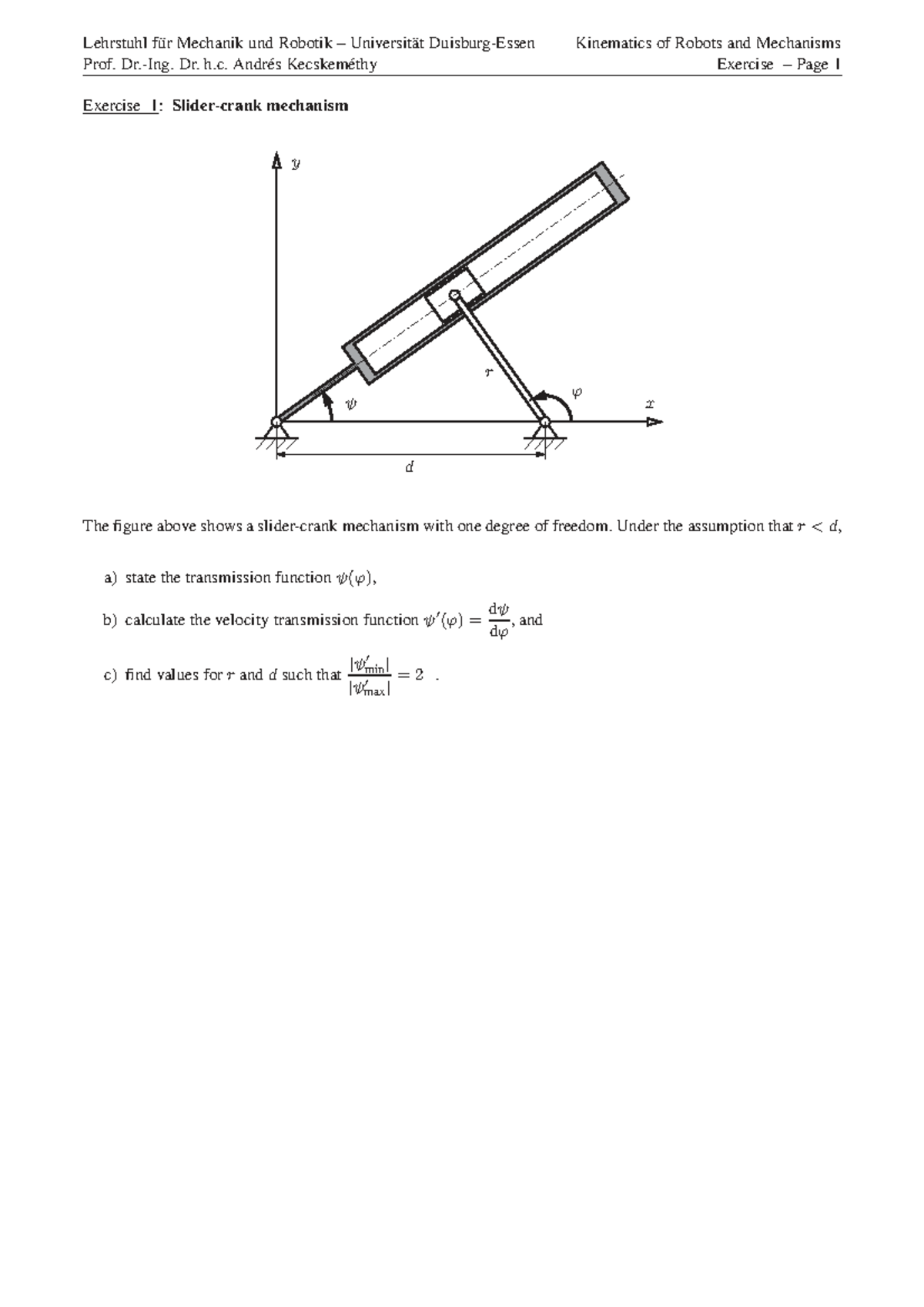 Kinematics Exercises (SS) - Mechanisms and Robot Motion Analysis - Studocu