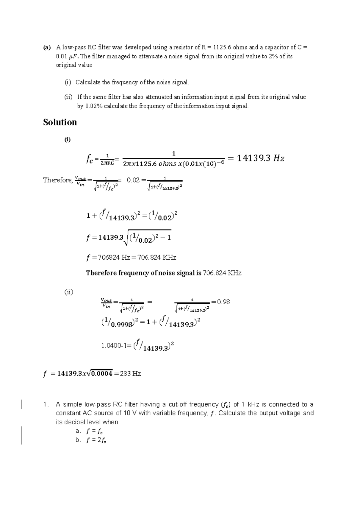 Practice Questions Part 1 Solutions: RC Filter Analysis and ...