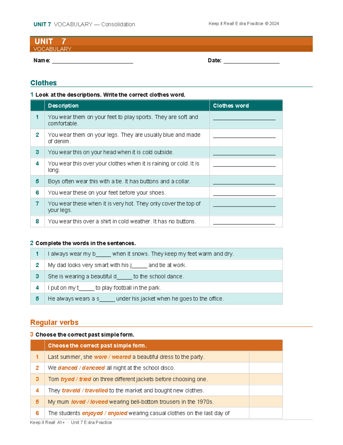 Unit 7 Extra Practice: Vocabulary & Grammar on Clothes and Regular ...