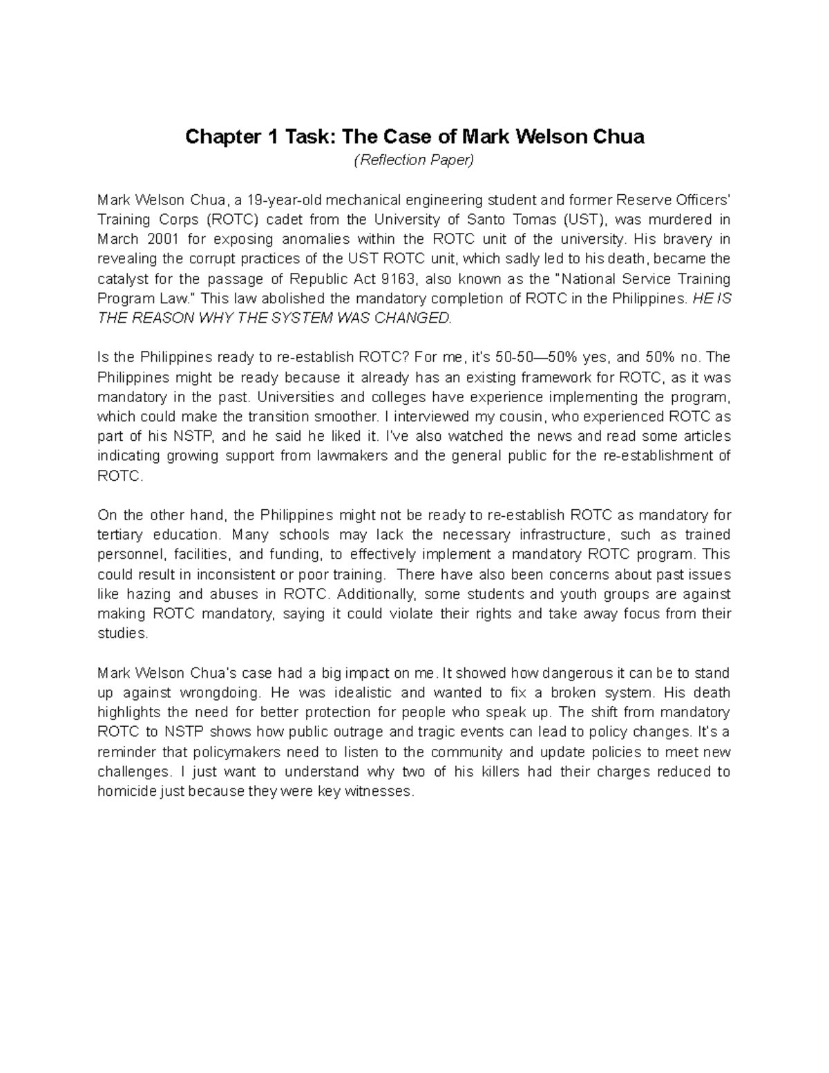 NSTP Reflection: The Impact of Mark Welson Chua's Case on ROTC Policy ...