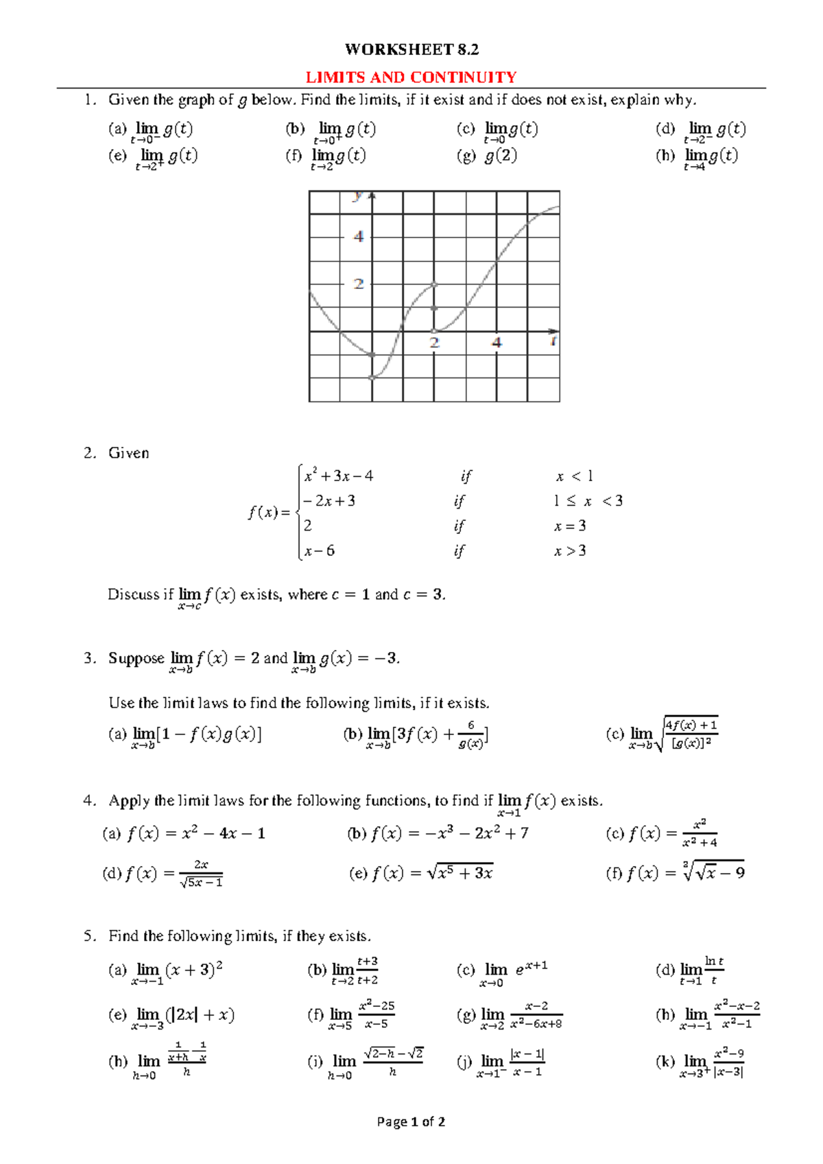 WORKSHEET 8.2 - LIMITS AND CONTINUITY EXERCISES - Studocu