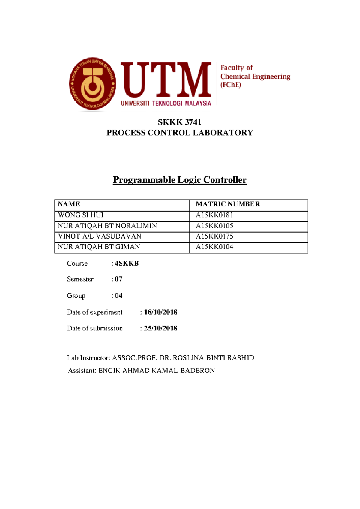 SKKK 3741 - PLC Laboratory Report on Process Control Systems - Studocu