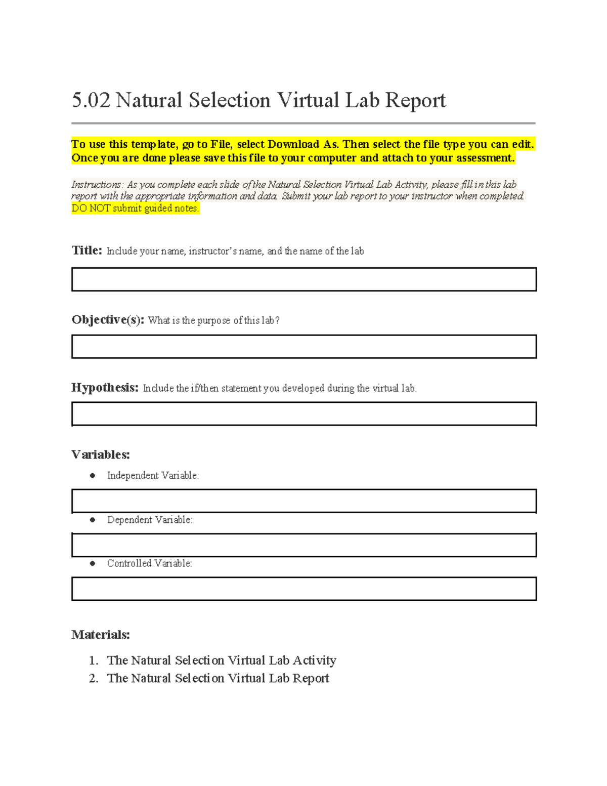 Copy of 5.02 Bio Lab Report - 5 Natural Selection Virtual Lab Report To ...