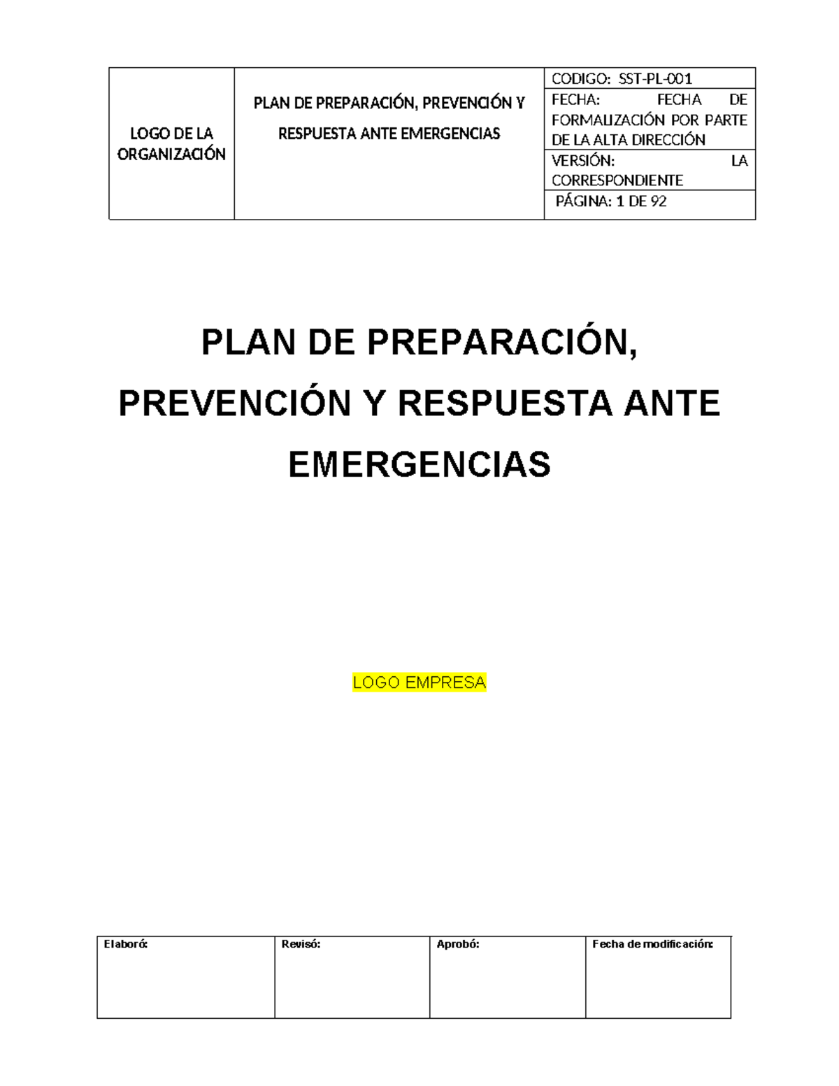 Plan de Prevención y Respuesta ante Emergencias - Código: [FECHA] - Studocu