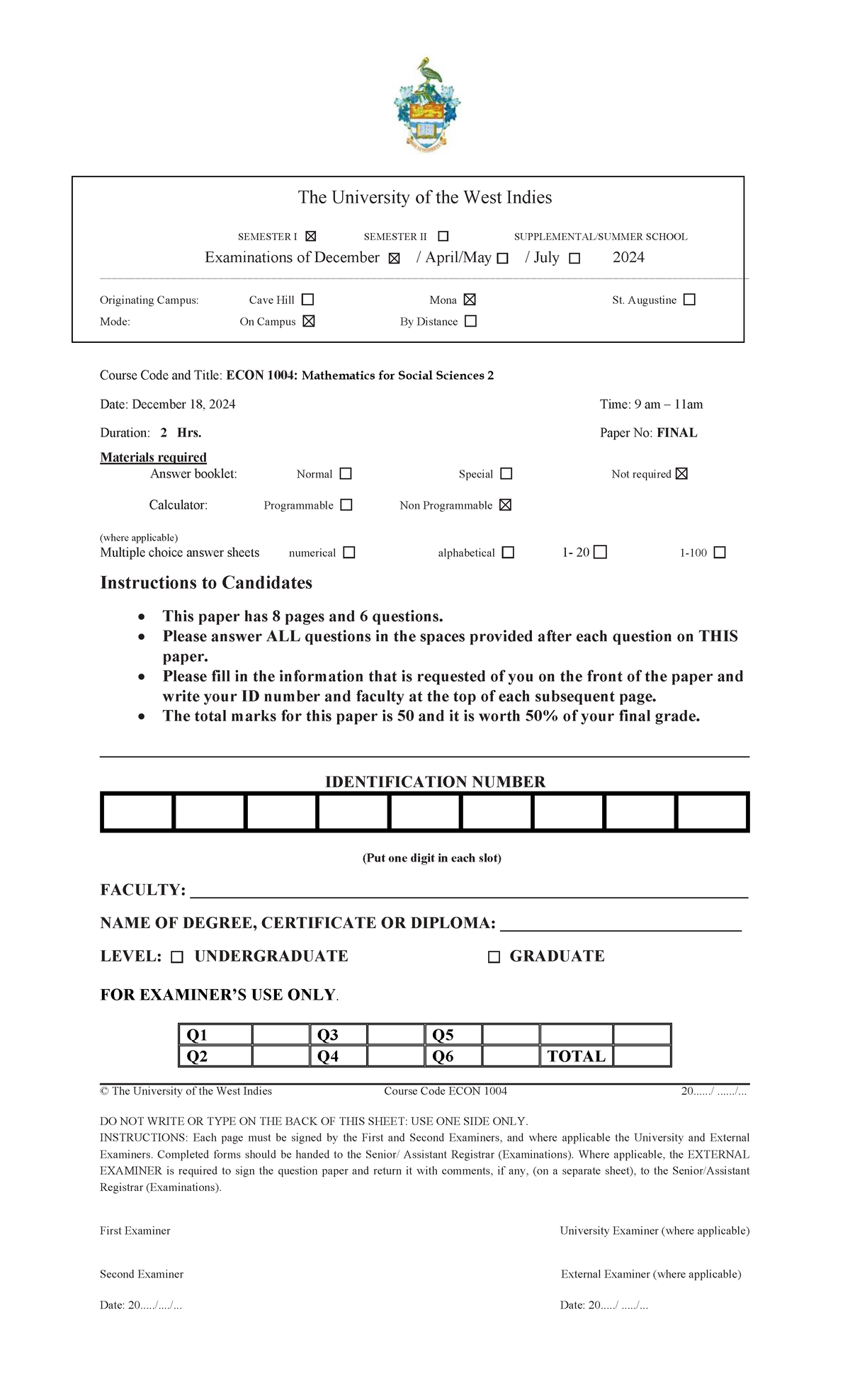 ECON 1004 Final Exam Paper - Mathematics for Social Sciences 2 - Studocu