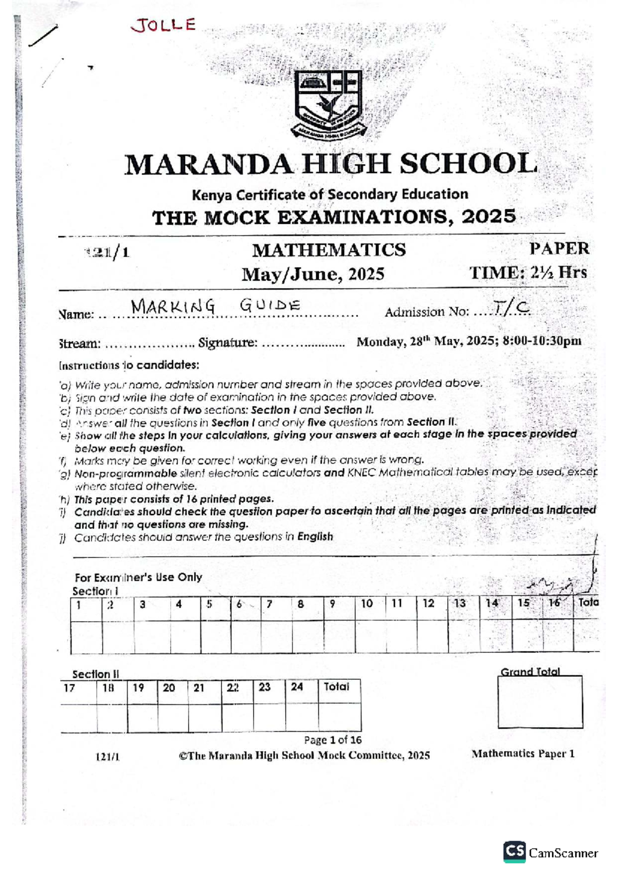 Maranda High School Mock Exam 2025: Mathematics Paper 1 CS - Studocu