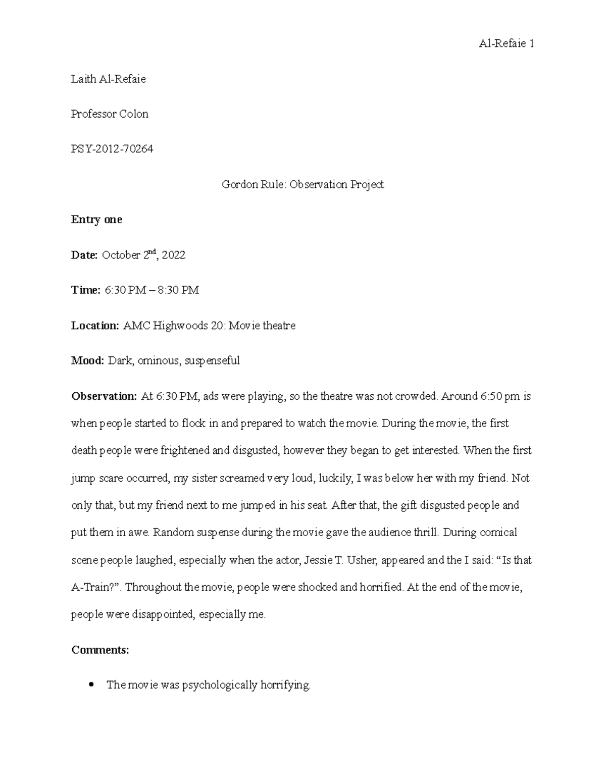 PSY-2012: Observation Project Template with Insights and Reflections ...