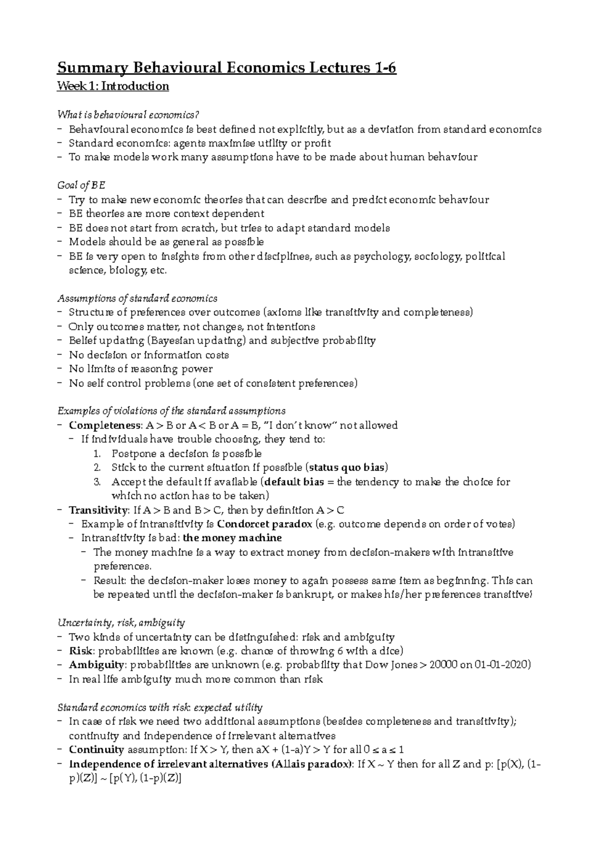 Summary of Behavioural Economics Lectures BE 1-6 - Studeersnel
