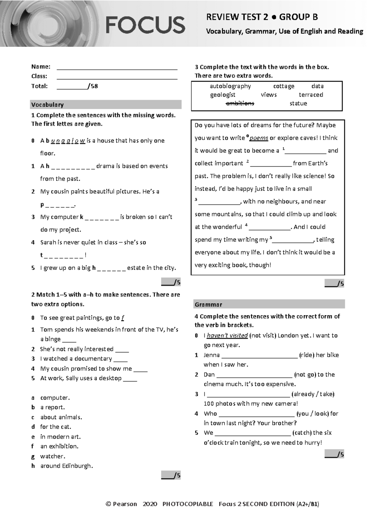 Focus 2 2E Review Test 2: Units 1-4 Vocabulary & Grammar (Group B ...
