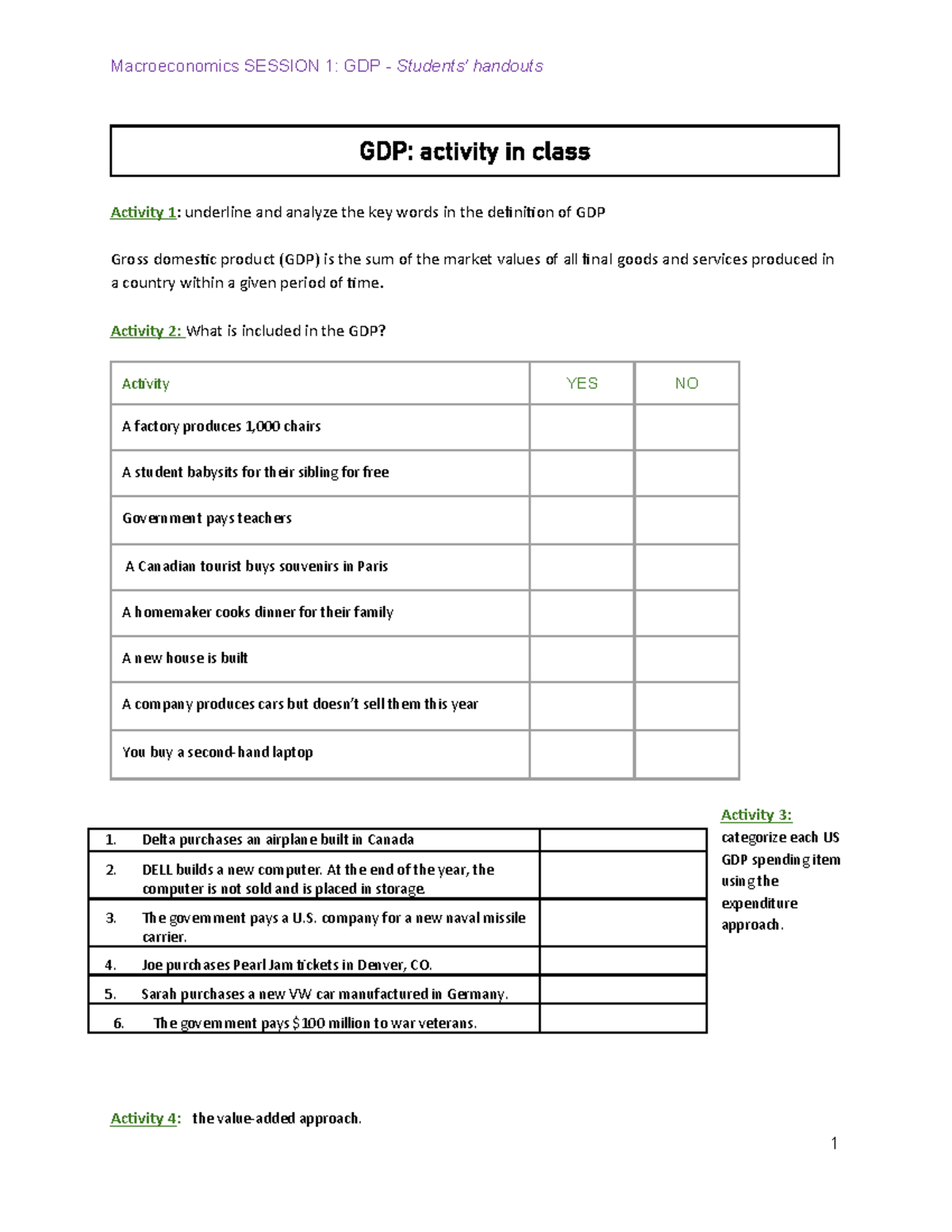 Macroeconomics 101: Session 1 GDP Class Activities and Notes - Studocu