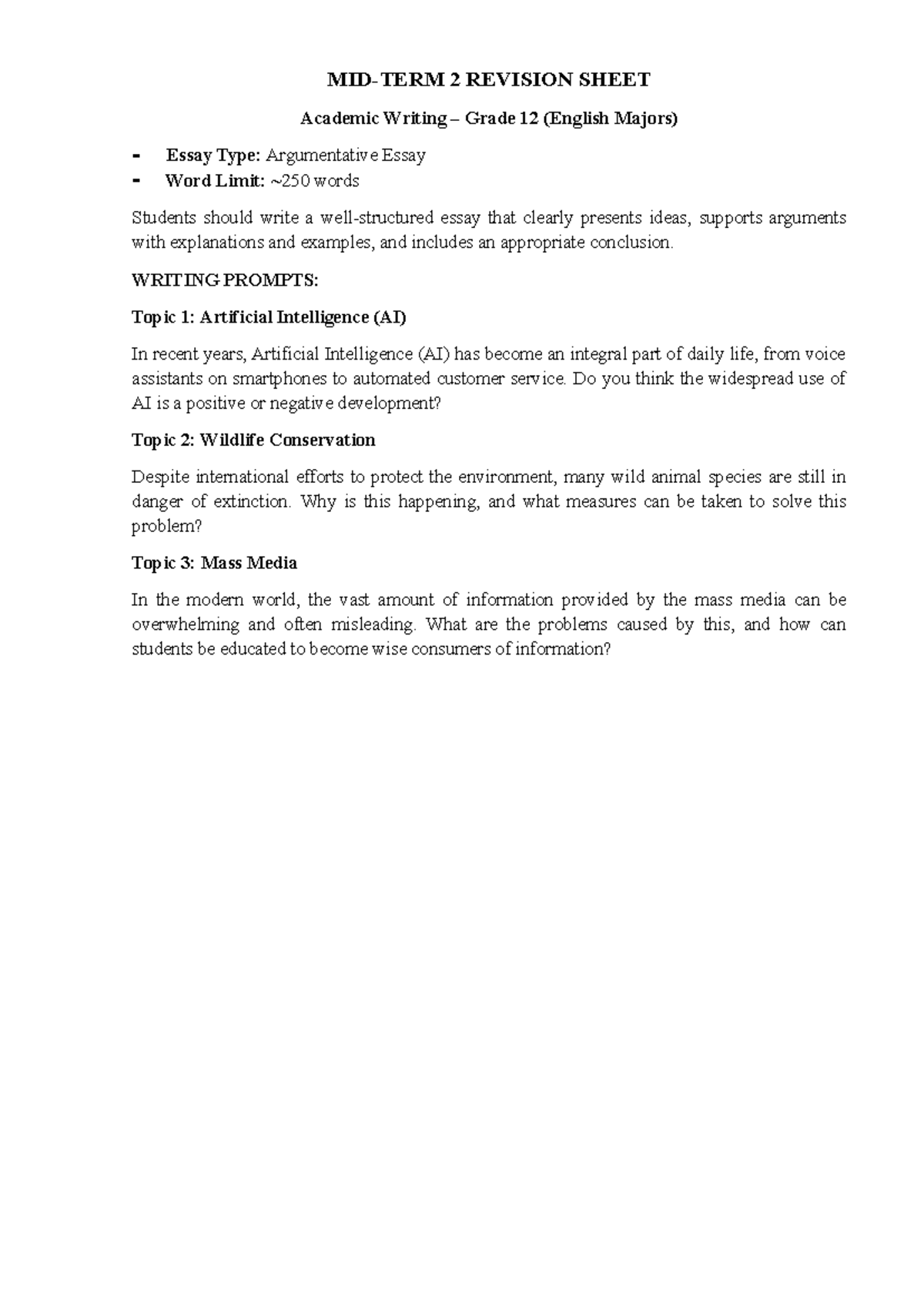 Grade 12 Academic Writing Mid-Term Test: Argumentative Essay Prompts ...