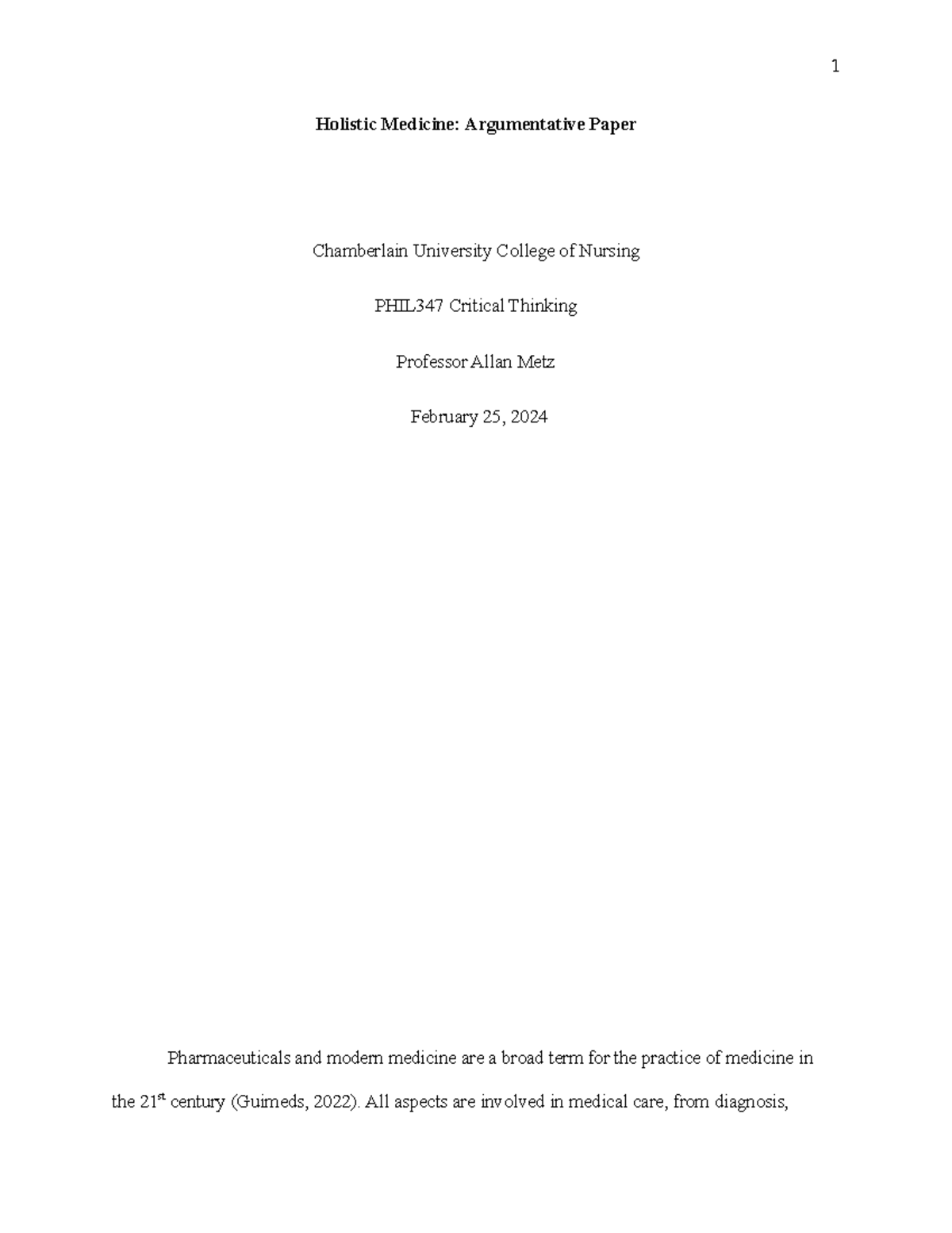 Week 7 Argumentative Paper - Holistic Medicine: Argumentative Paper ...