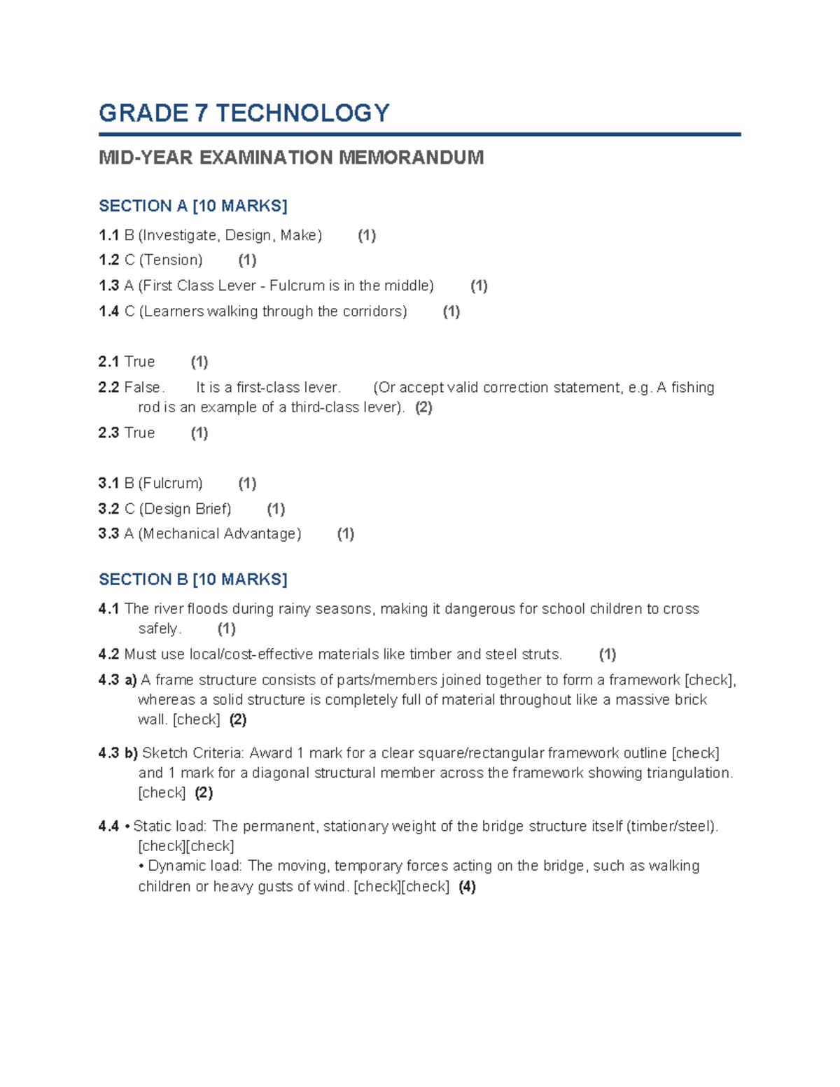 Grade 7 Technology Mid Year Exam Memo: Investigation & Design - Studocu