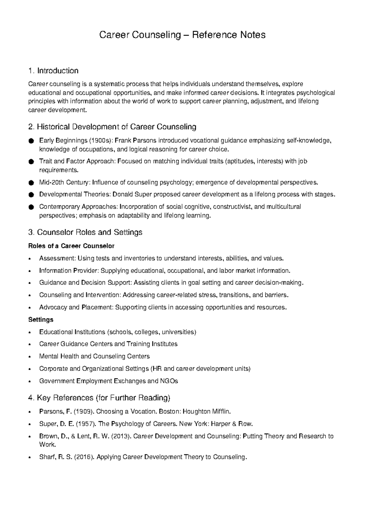 Career Counseling Reference Notes: A Comprehensive Overview - Studocu