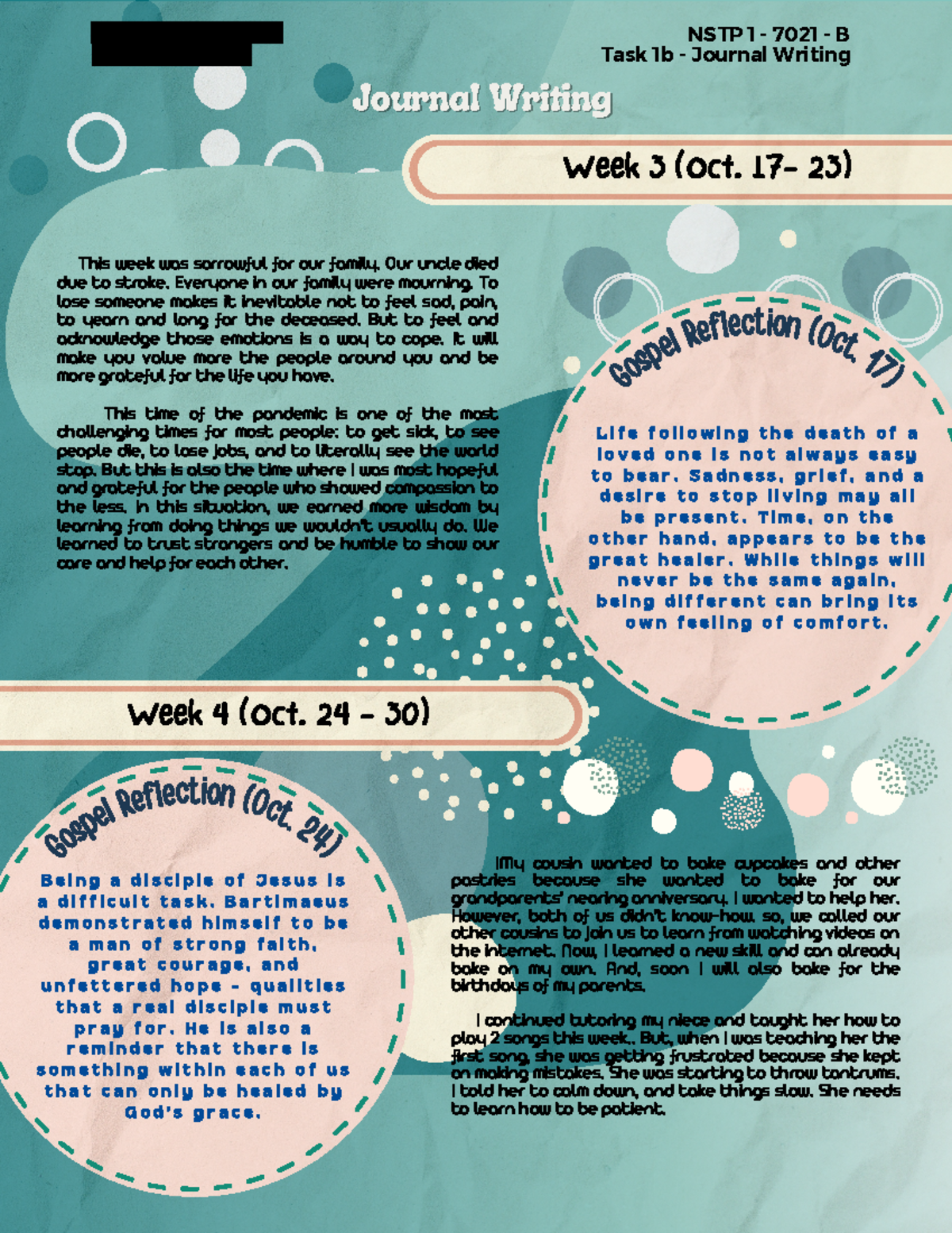 NSTP 1 Task 2c: Journal Writing on Personal Growth & Reflection - Studocu