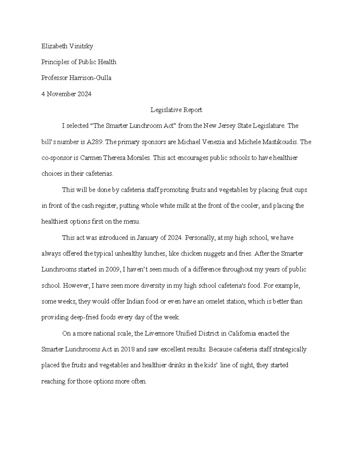 PPH 330 Legislative Report on The Smarter Lunchroom Act - Studocu