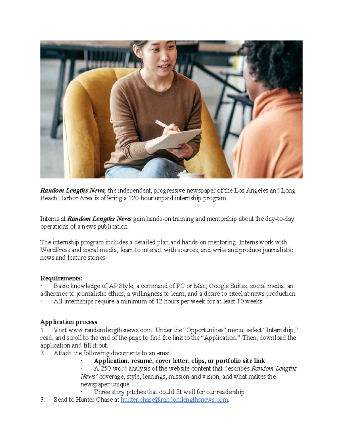 Internship Opportunity Announcement - Random Lengths News Report - Studocu