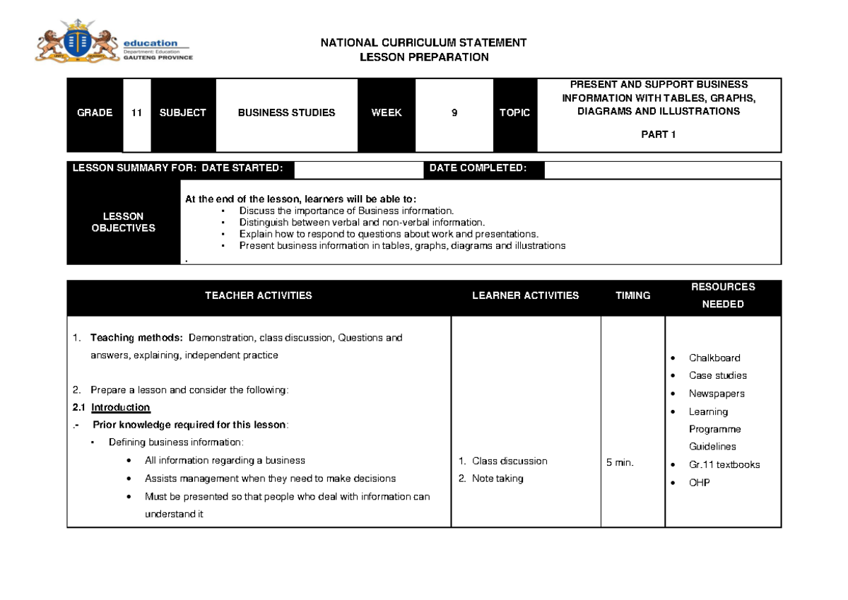 GR11LP29 Lesson Prep: Presenting Business Info with Visuals - Studocu