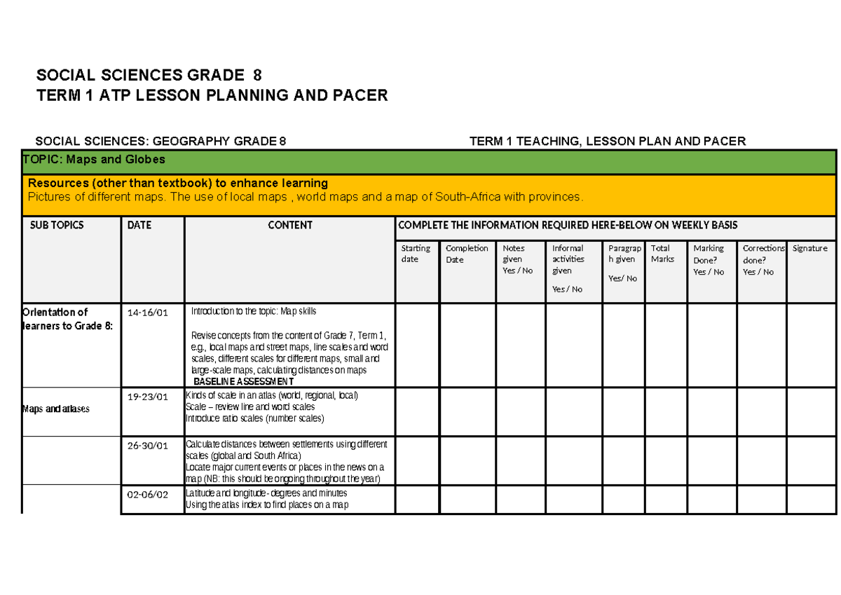 Grade 8 Social Sciences Term 1 Lesson Planning: Maps & Industrial ...