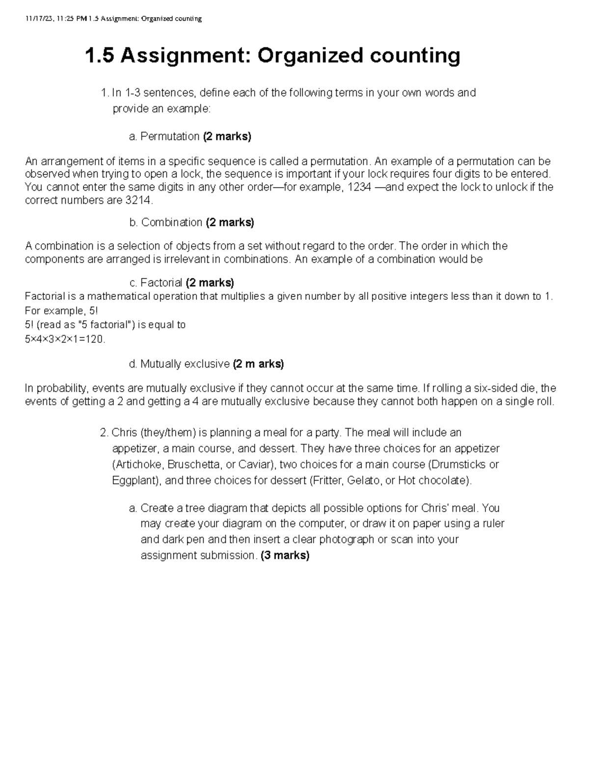 1.5 Assignment Organized counting - Marissa Williams - 11/17/23, 11:25 ...