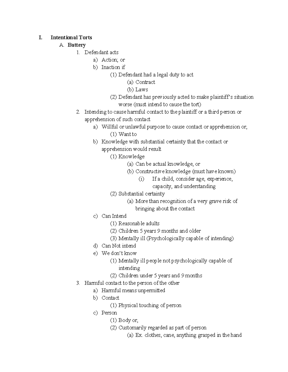 Torts I Outline: Key Concepts on Intentional Torts and Liability - Studocu