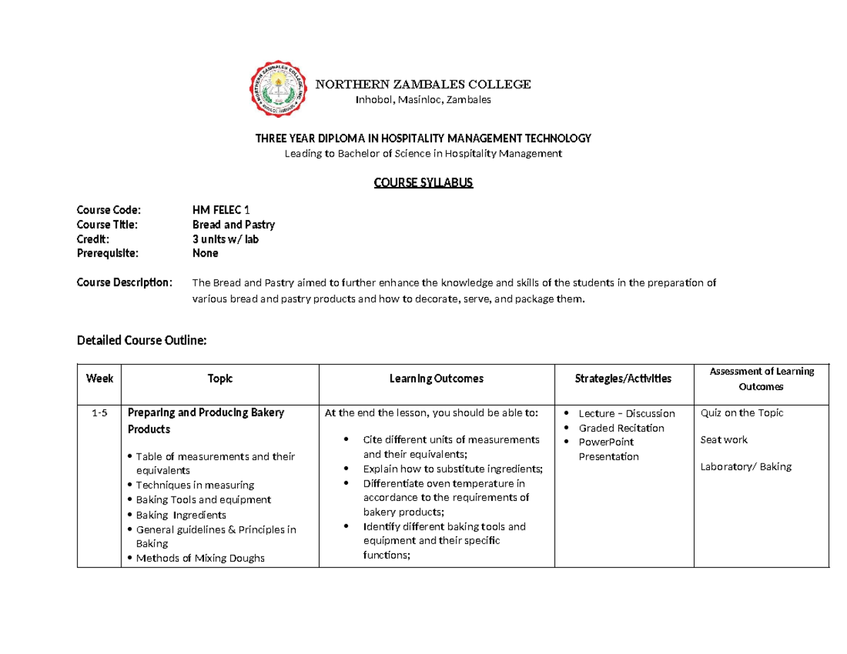 HM FELEC 1: Bread and Pastry Course Syllabus Overview - Studocu
