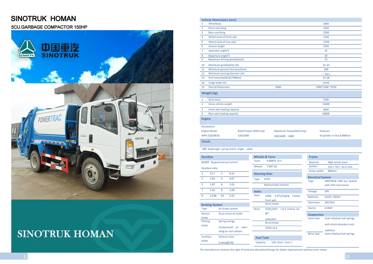 SINOTRUK HOMAN 5CU Garbage Compactor Specs & Dimensions - Studocu