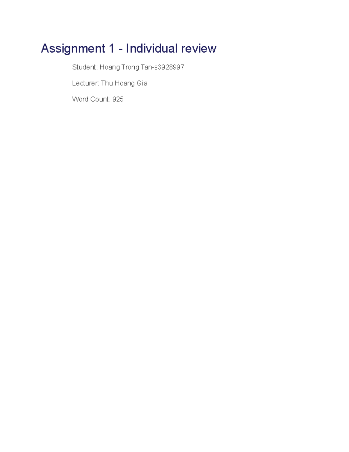 Assignment 1 - Individual review Hoang Trong Tan s3928997 - Assignment ...