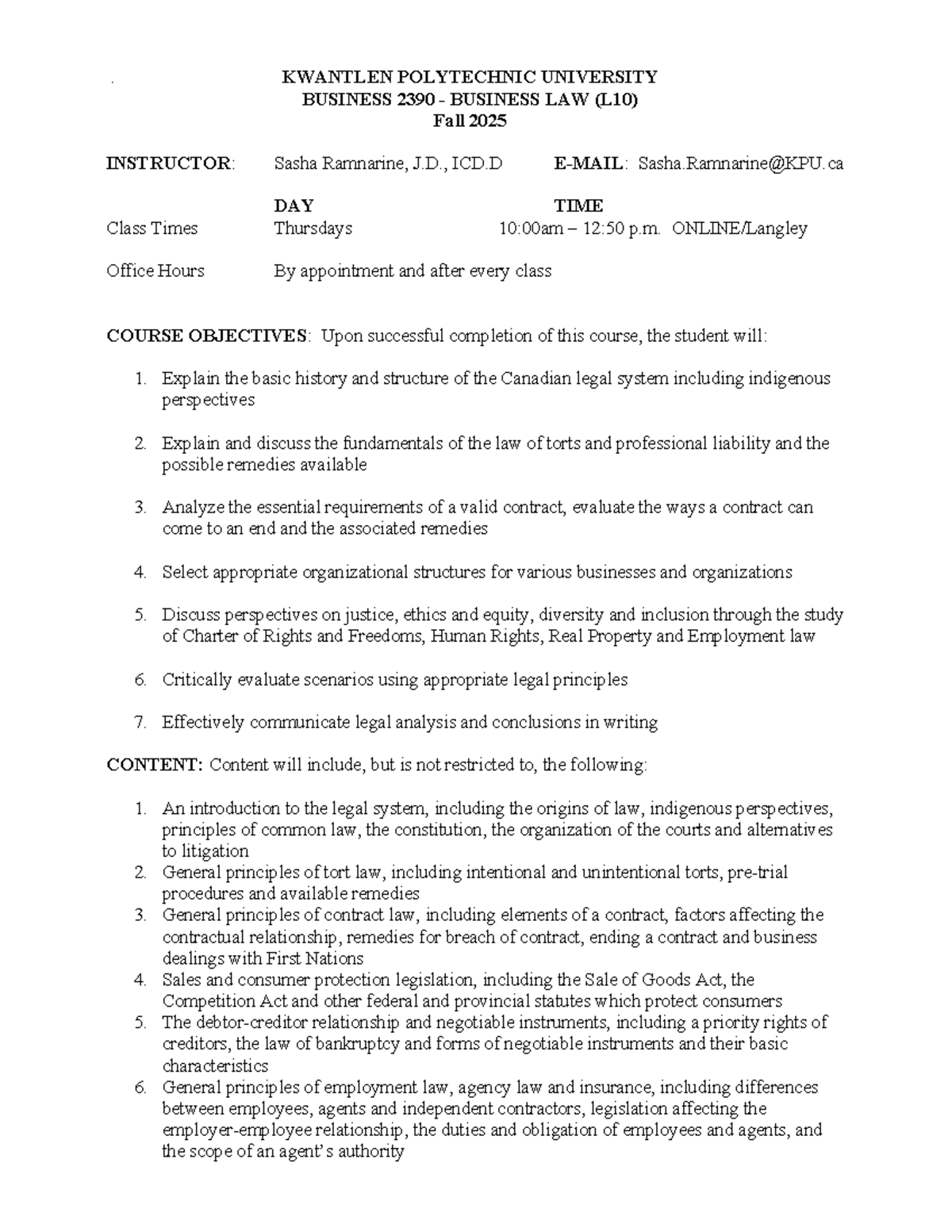 BUSI 2390 - Business Law Course Outline Fall 2025 (L10) - Studocu