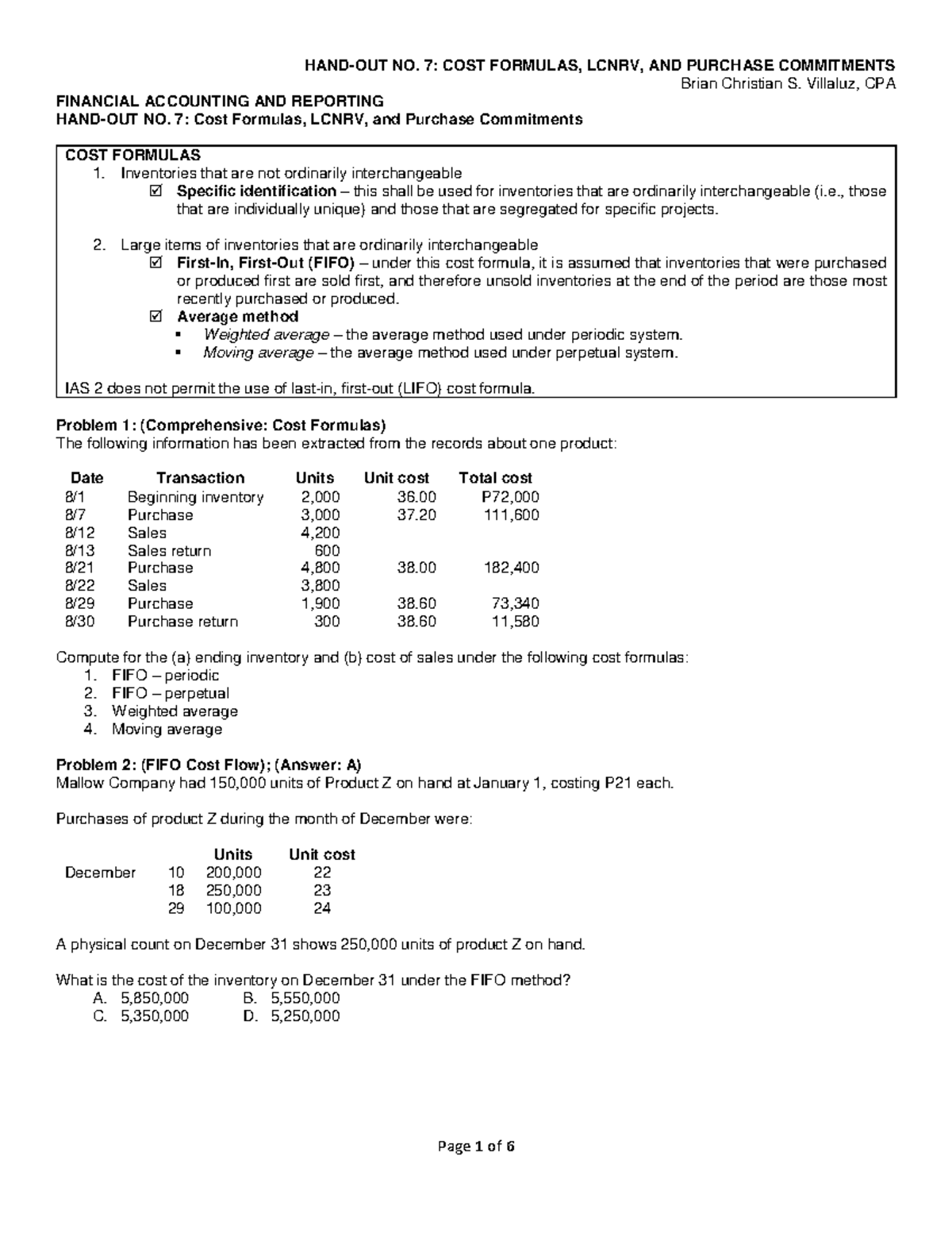 FINANCIAL ACCOUNTING AND REPORTING NO. 7: Cost Formulas, LCNRV, and ...