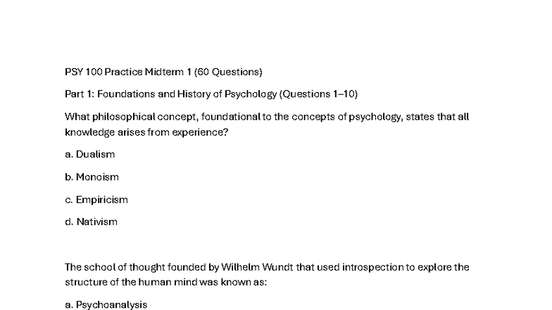 PSY 100 Practice Midterm 1: Foundations, History & Key Concepts - Studocu