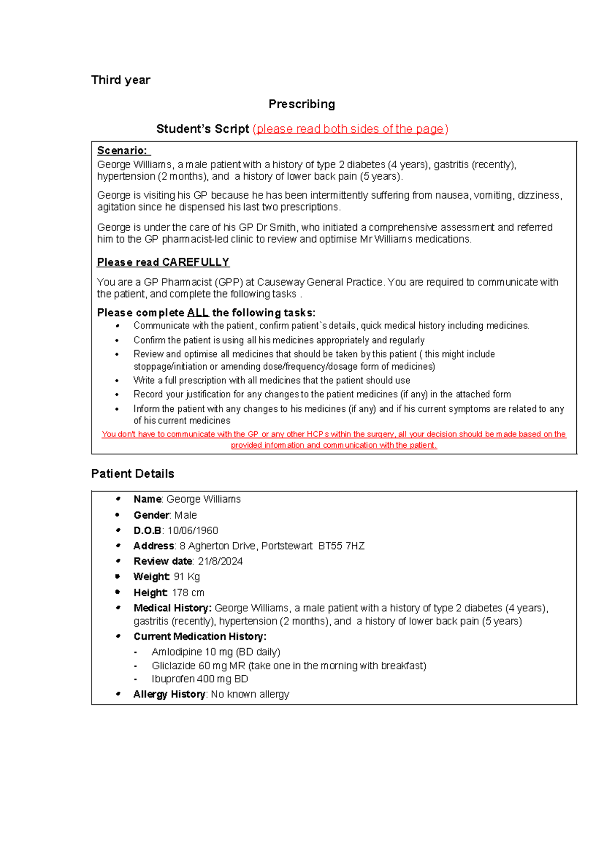 Third Year OSCE Prescribing Script: Patient Case of George Williams ...