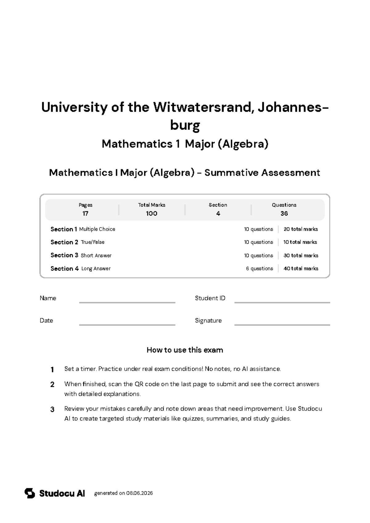 Mathematics I Major (Algebra) - Summative Assessment - Studocu