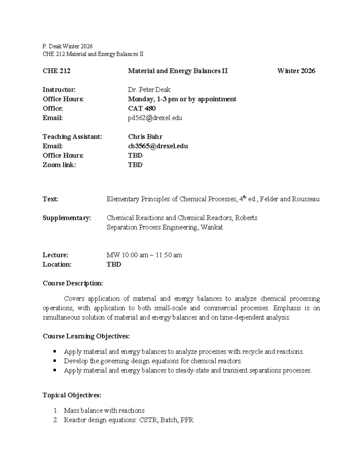 CHE 212 Winter 2026 Material and Energy Balances II Syllabus - Studocu