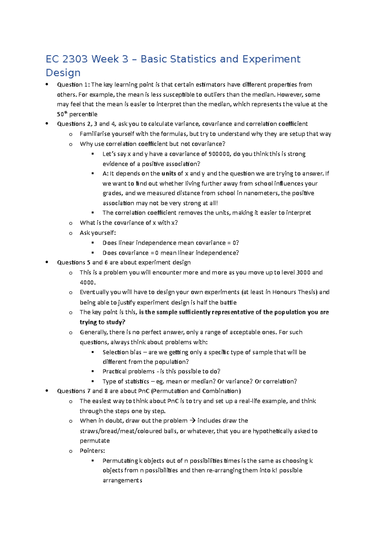Week 3 Lesson Pointers - EC 2303 Week 3 Basic Statistics and Experiment ...