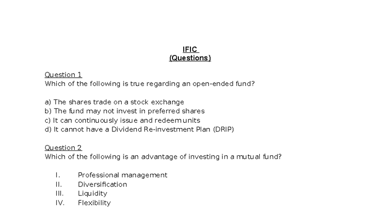 IFIC (Questions) Comprehensive Guide to Mutual Fund Concepts - Studocu