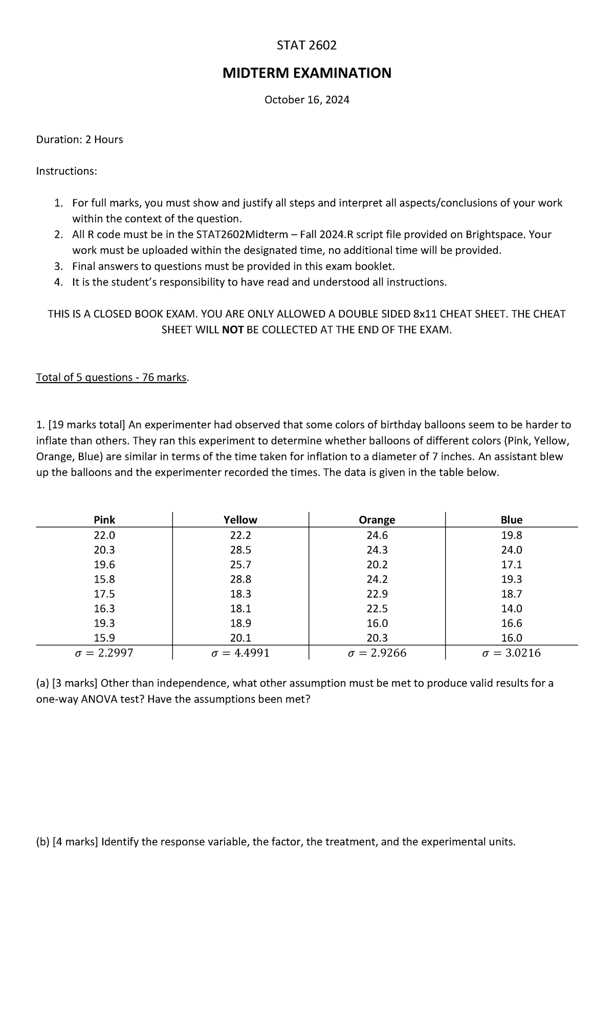 STAT 2602 MIDTERM EXAMINATION - October 16, 2024 - Study Guide - Studocu