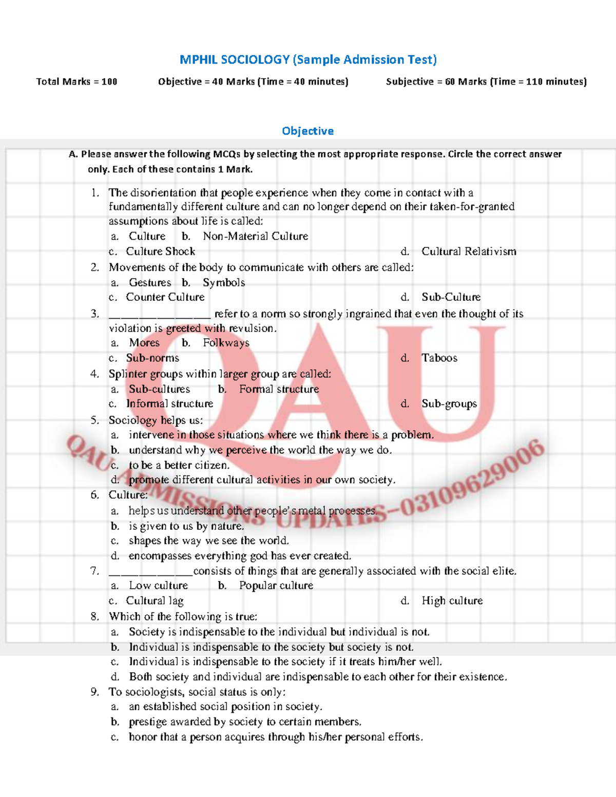 MPHIL SOCIOLOGY (Sample Admission Test) - Objective & Subjective ...