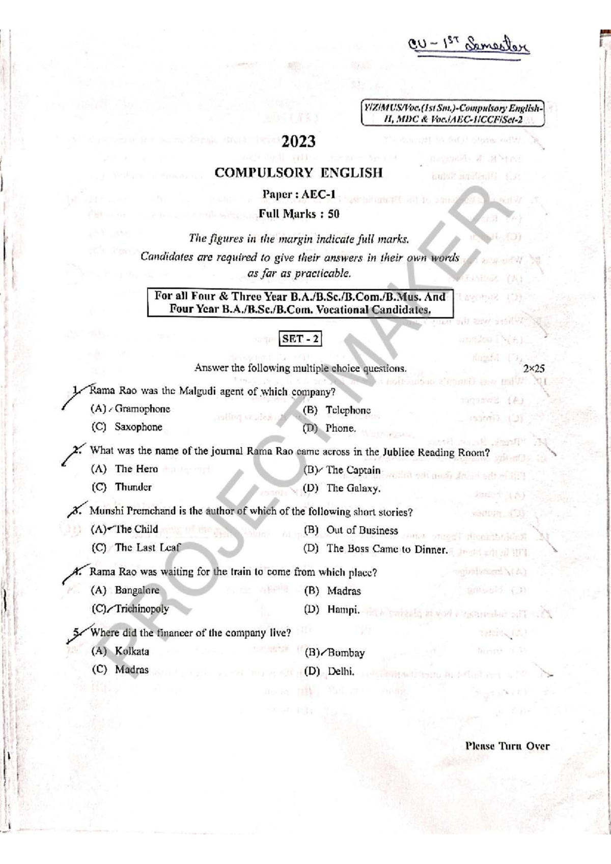 B.COM(H) SEM 1 PY Paper 2023: Compulsory English & Environment Exam ...