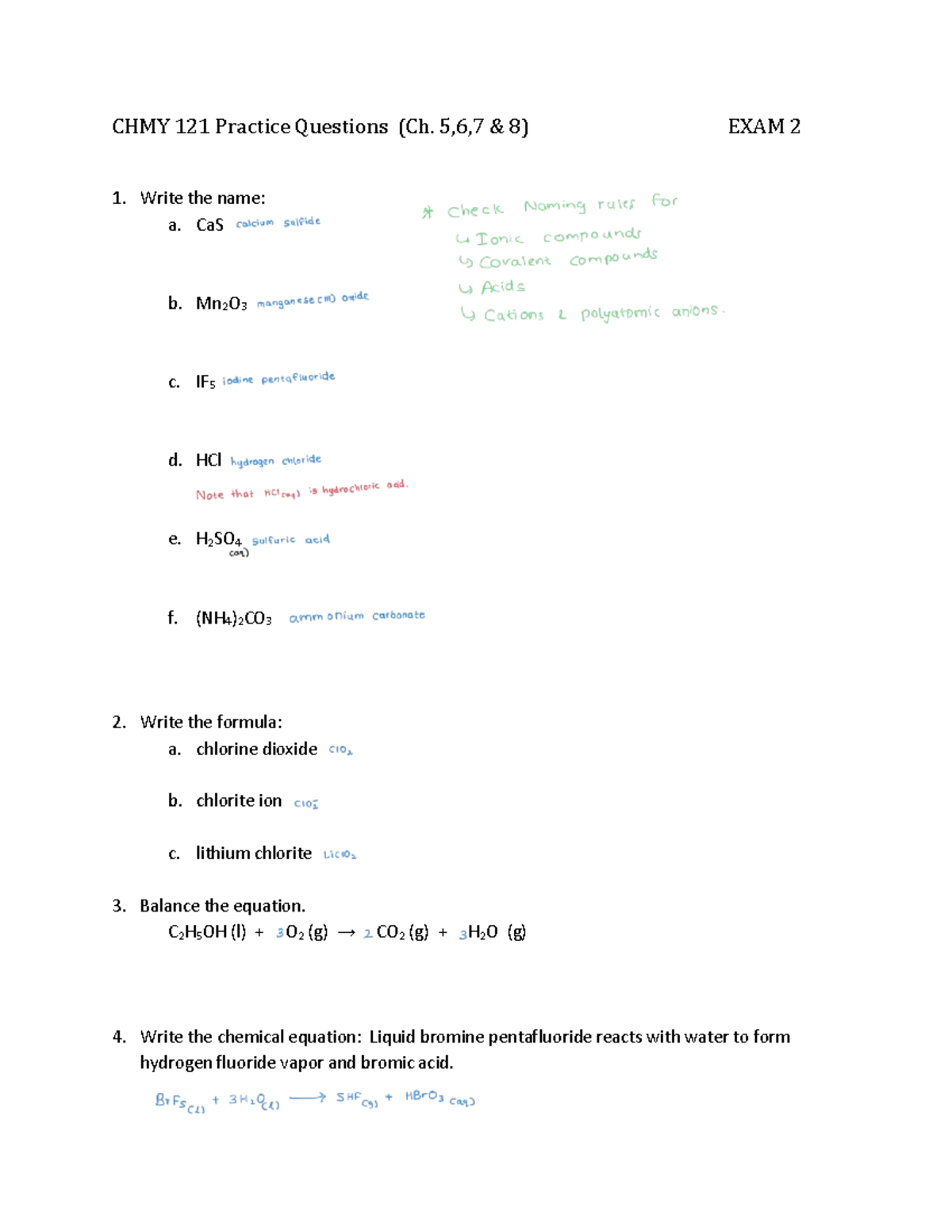 CHMY 121 Exam 2 Review Key (Ch. 5-8) Practice Questions - Studocu