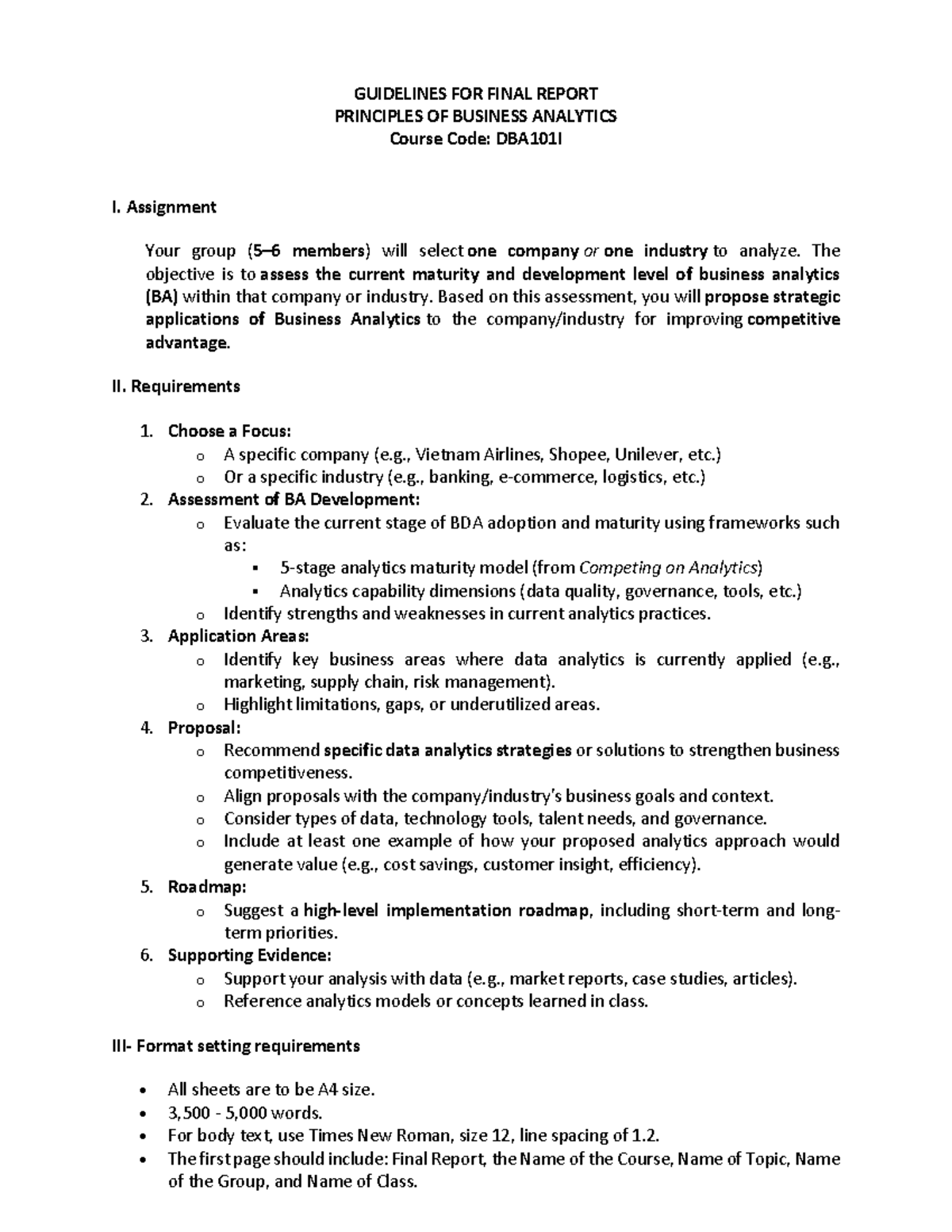 Final Report Guidelines for DBA101I: Principles of Business Analytics ...