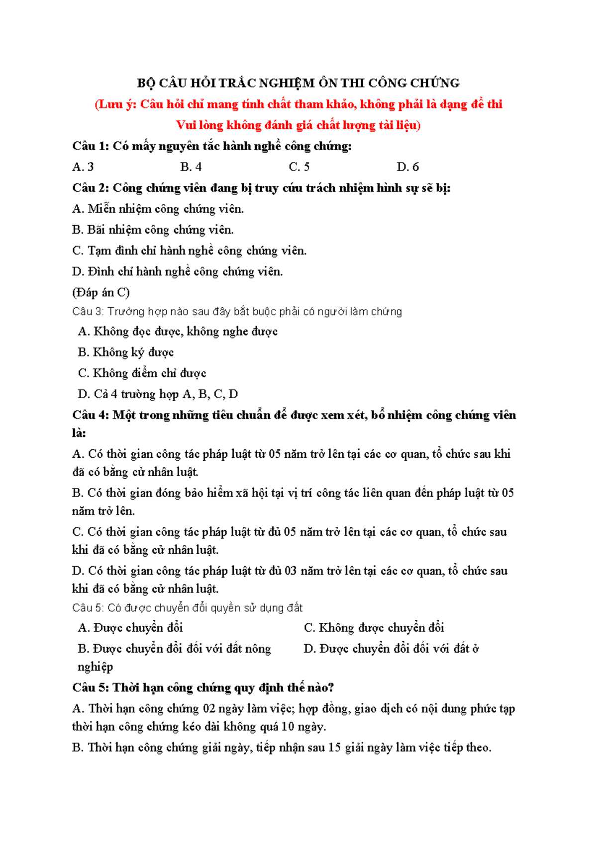 Trắc nghiệm ôn thi CCV - Câu hỏi ôn tập hành nghề công chứng - Document Preview